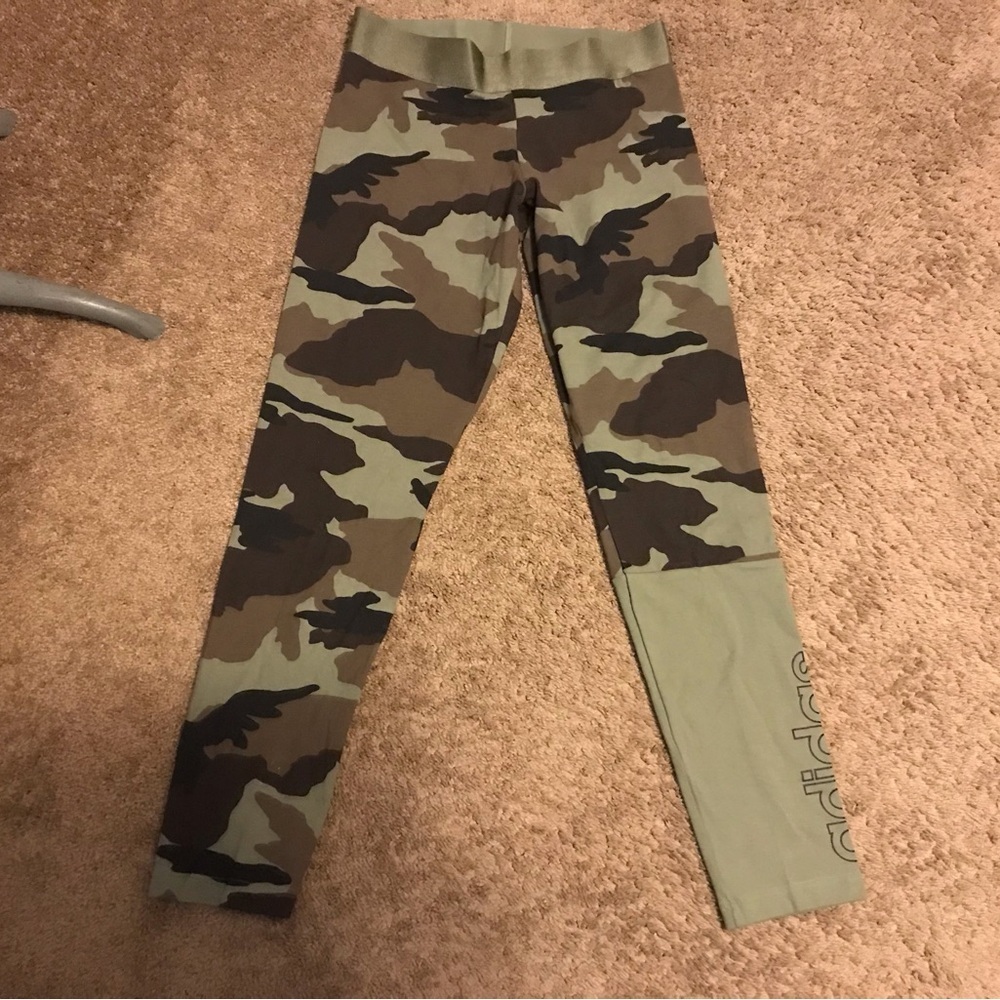 ADIDAS Climalite Leggings Logo Gym Fitness Pants Womens Green Camo Sz M